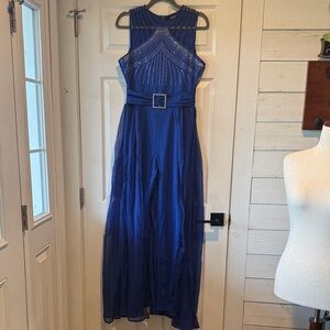 chic Royal Blue Beaded Halter Jumpsuit with Belt